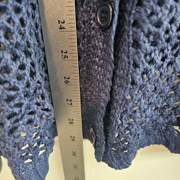 Crochet Knitted Blouse Womens XL Blue Button Top Short Sleeve Sheer Boho Indie - Picture 7 of 9